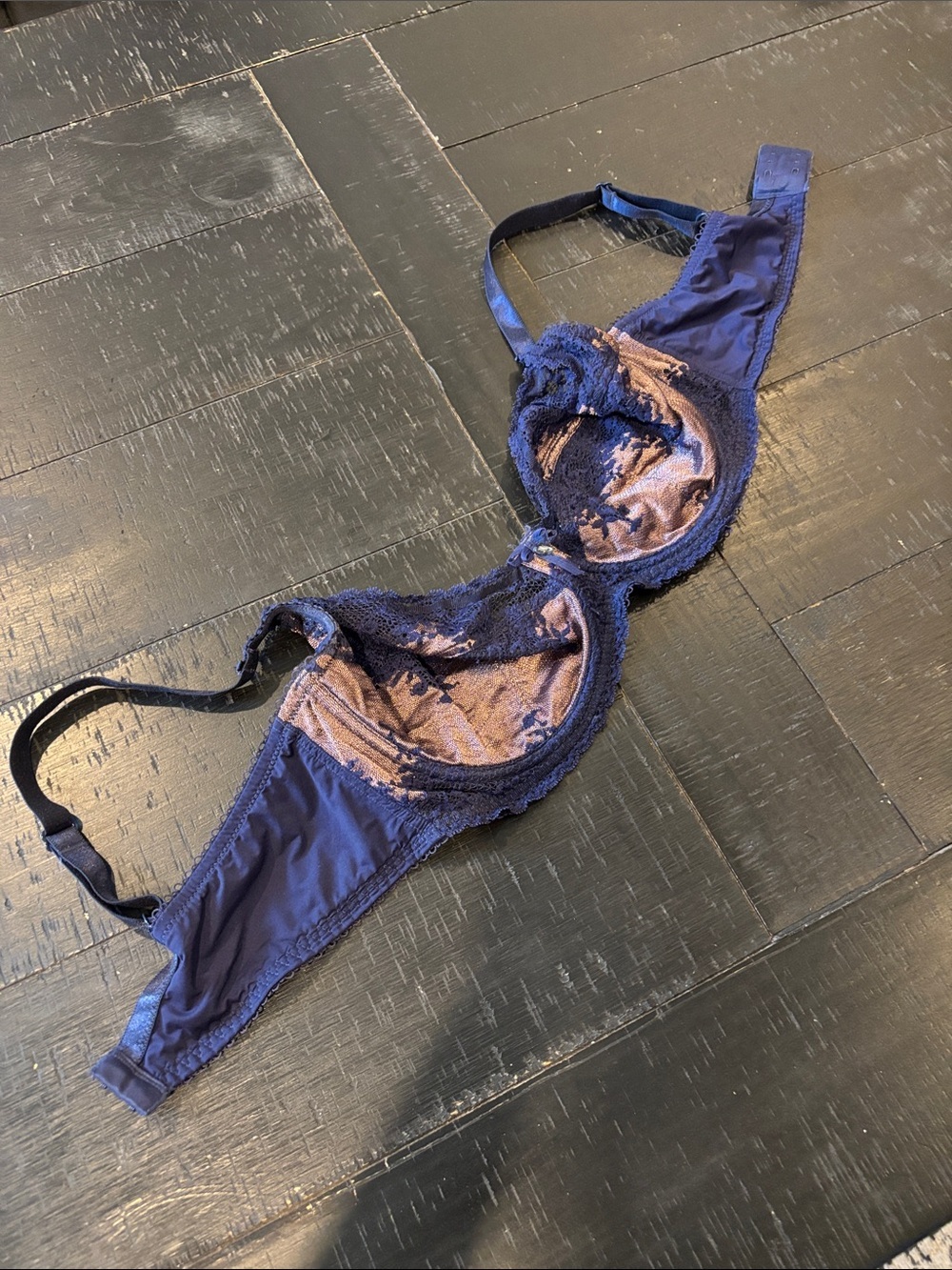 Charnos Navy Lace Underwire Bra with Dusty Rose Lining - Women Intimates 38DDD